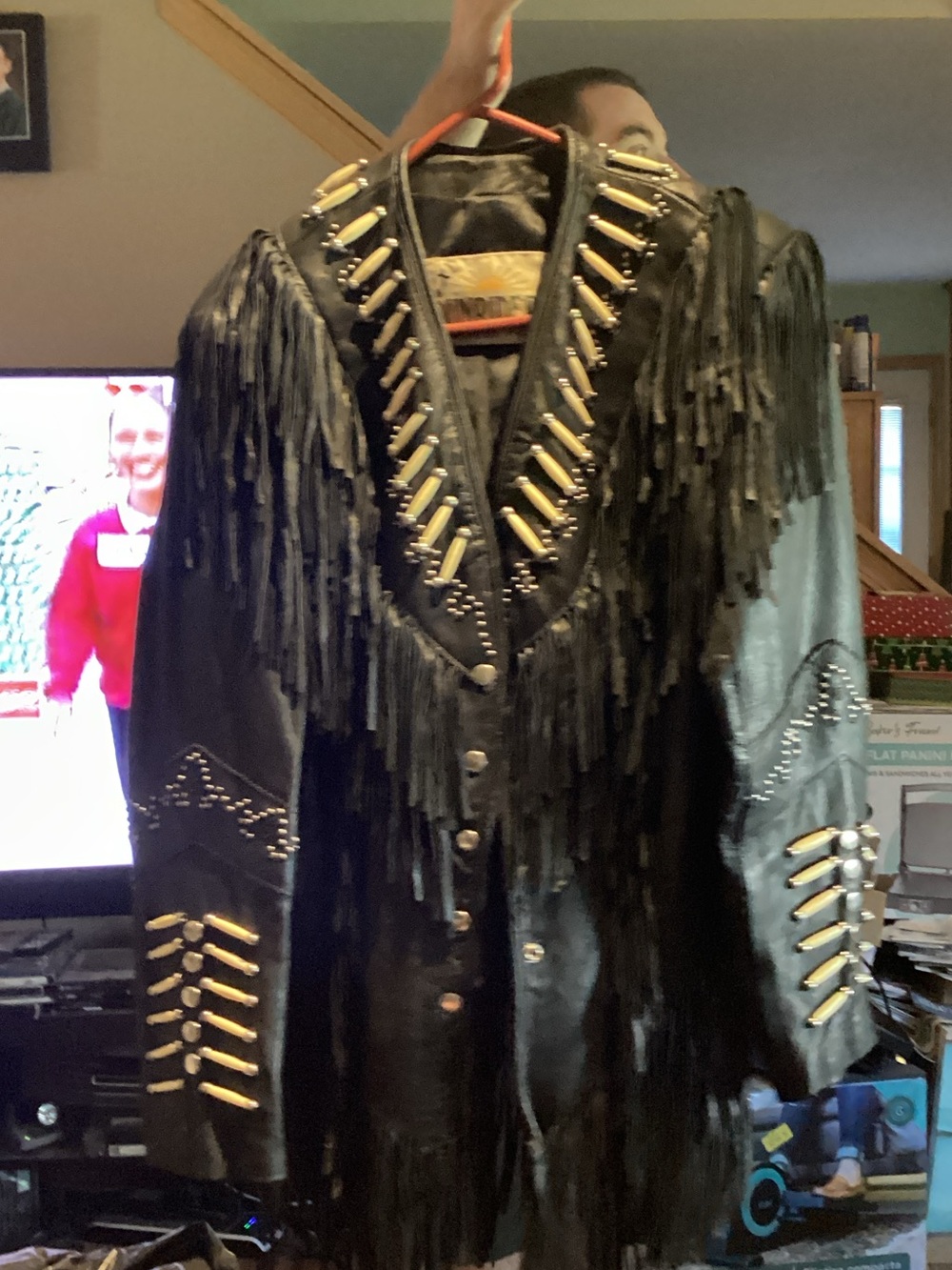 Black Fringed Leather Jacket with Stud & Bullet Accents